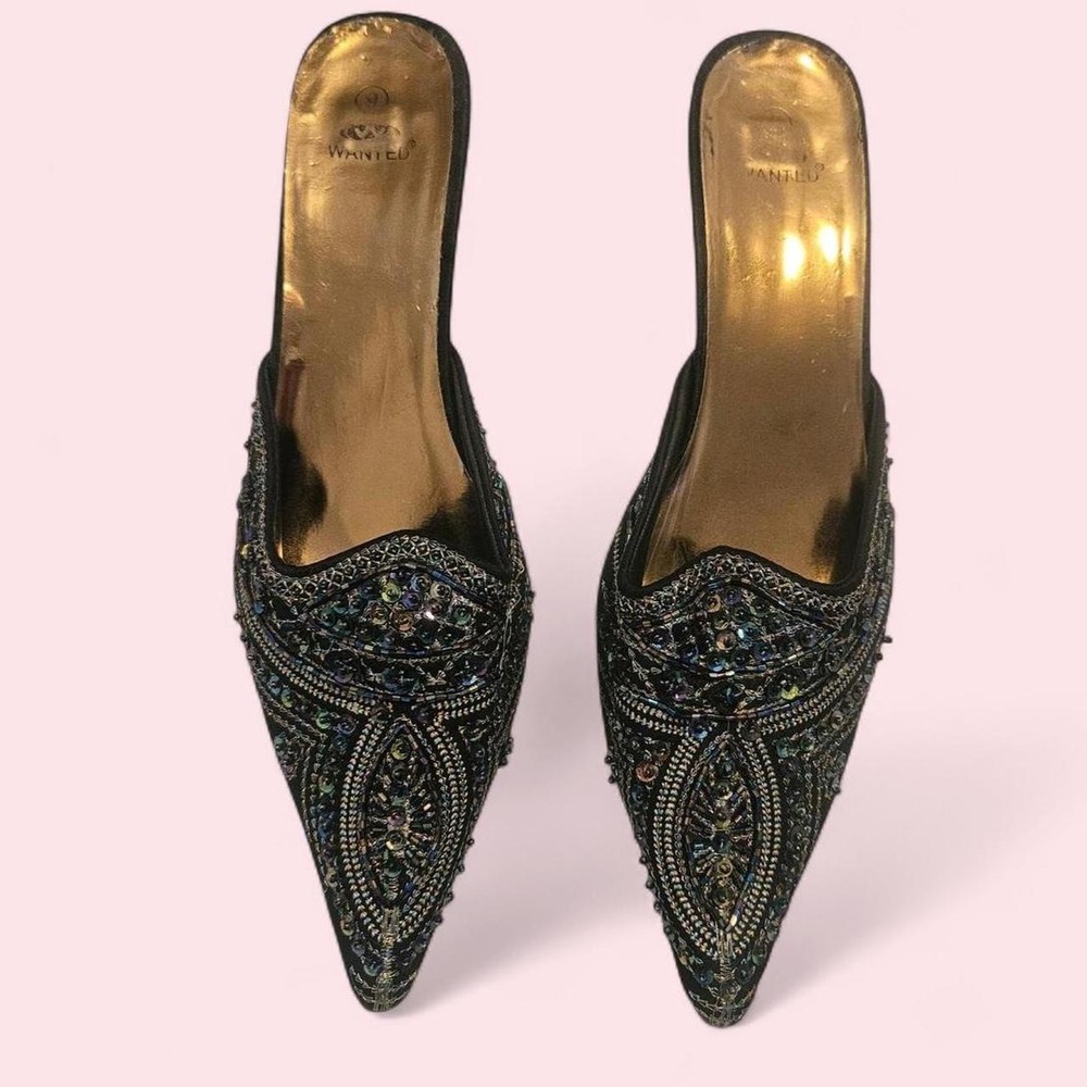 Beaded Pointed Toe Kitten Heel Mules — Size US 9